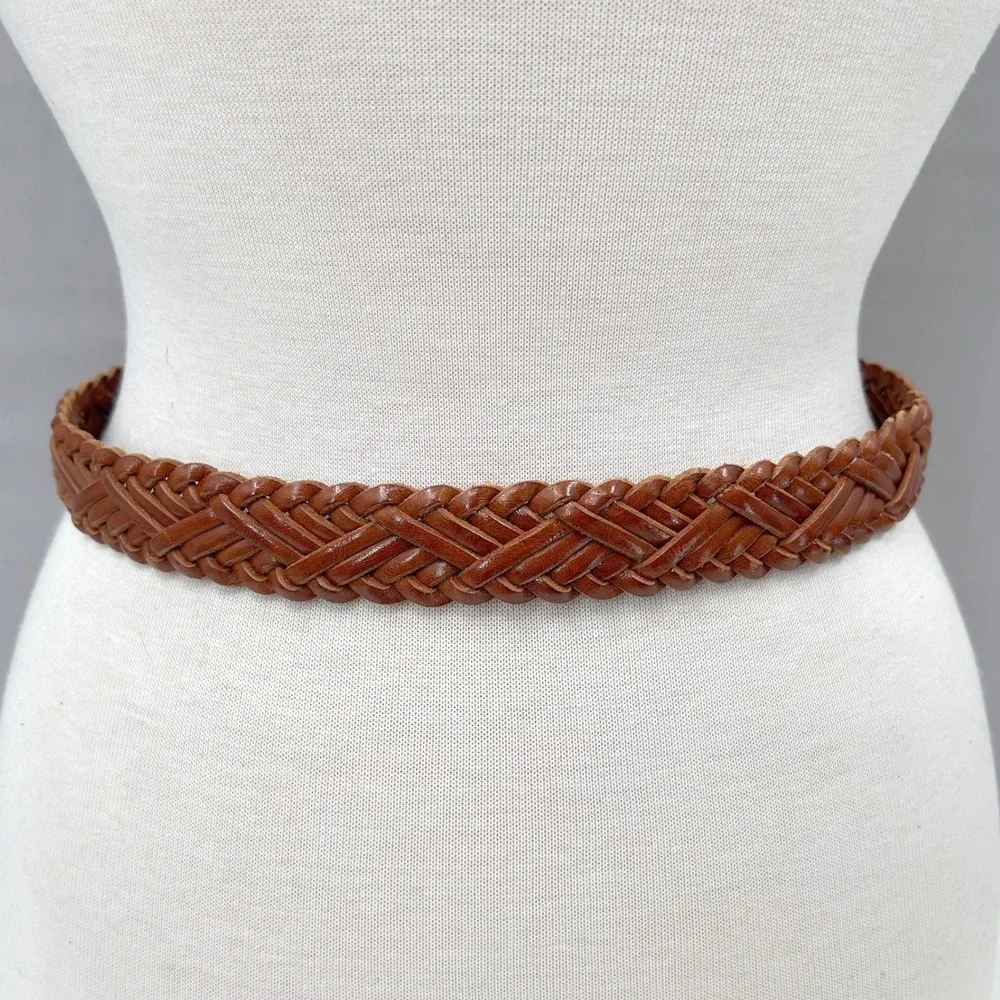 Liz Claiborne Womens S / P Leather Belt Braided Woven Cognac Brown Vintage 90's